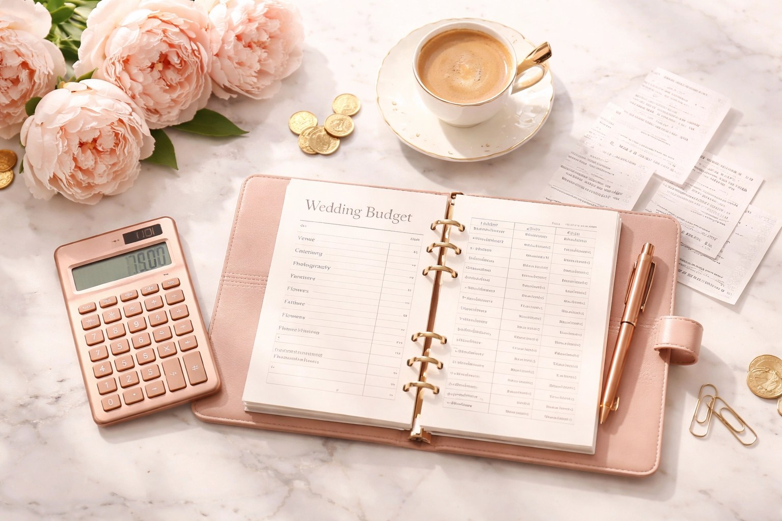 Flat lay of wedding budget planning essentials, symbolizing smart financial management for your special day.