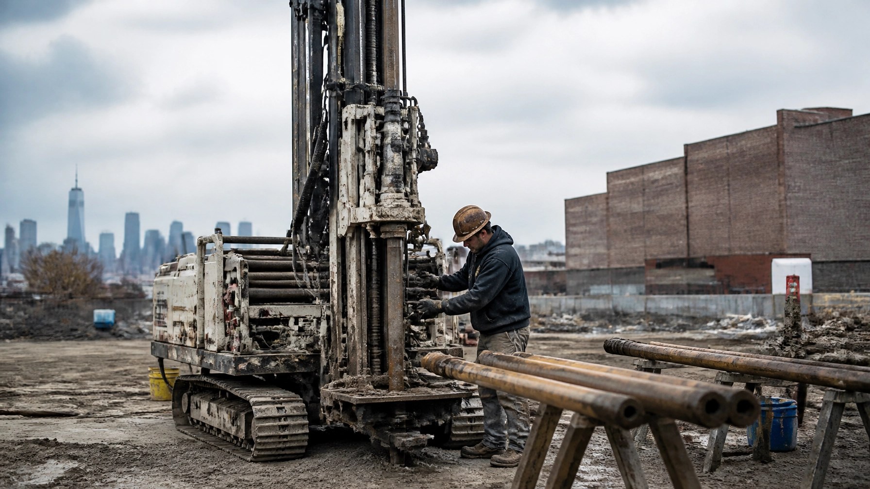 Geotechnical drill rig conducting soil borings and core sampling on an industrial brownfield redevelopment site