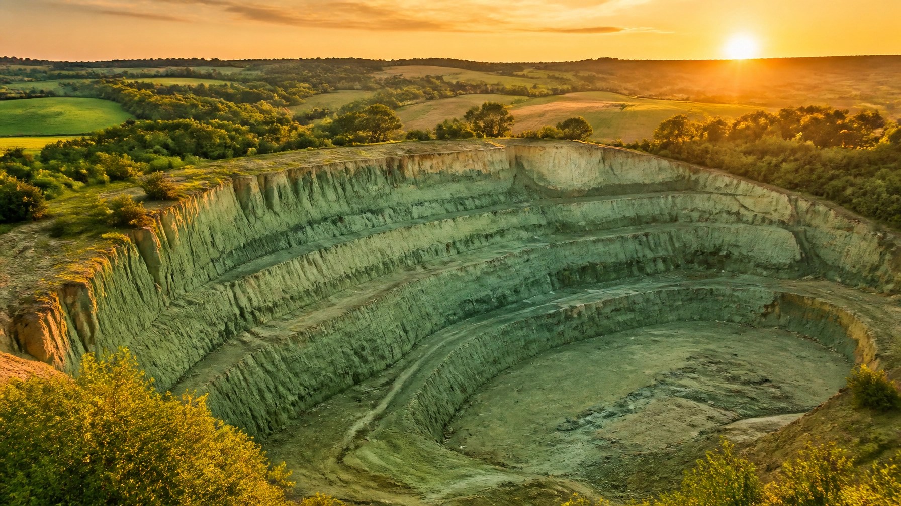 Aerial view of a green clay quarry in France