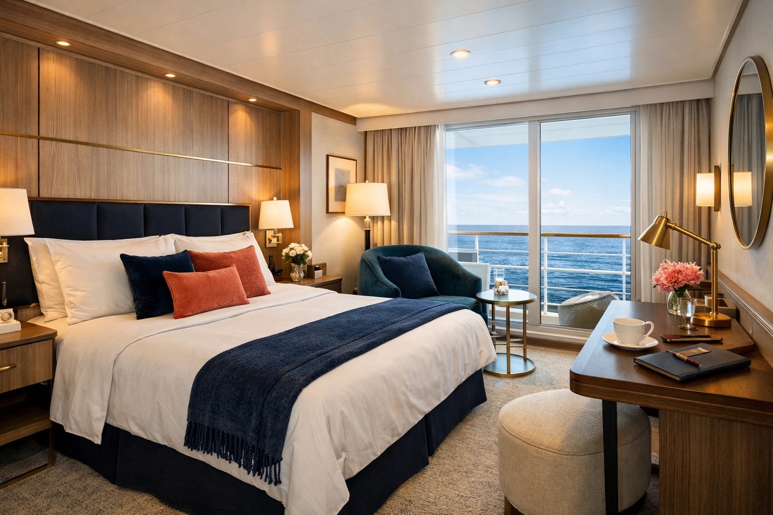 Modern Virgin Voyages stateroom with boutique hotel design and ocean-view window