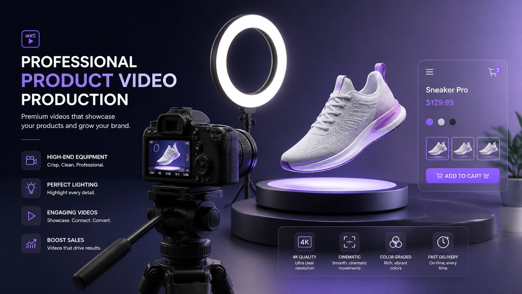 High-end product video production studio setup with camera and ring light