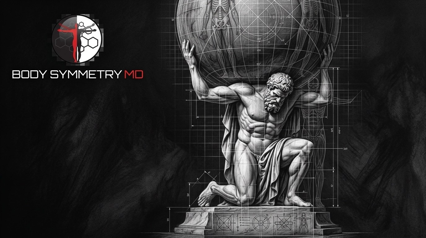Classical statue of Atlas with digital blueprints, symbolizing the Master Sculptor approach to human optimization.