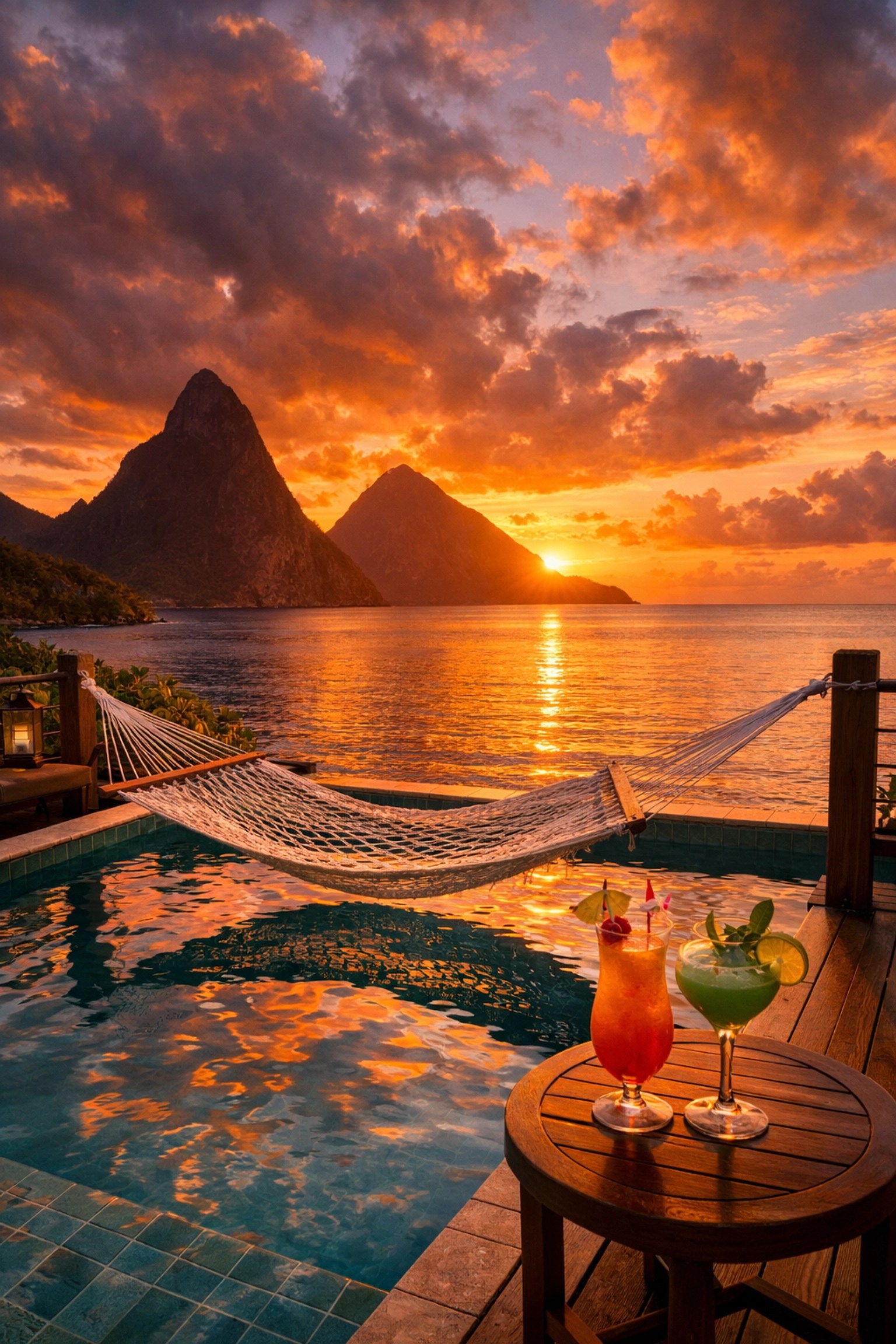 Saint Lucia overwater villa sunset view with Piton mountains and private infinity pool