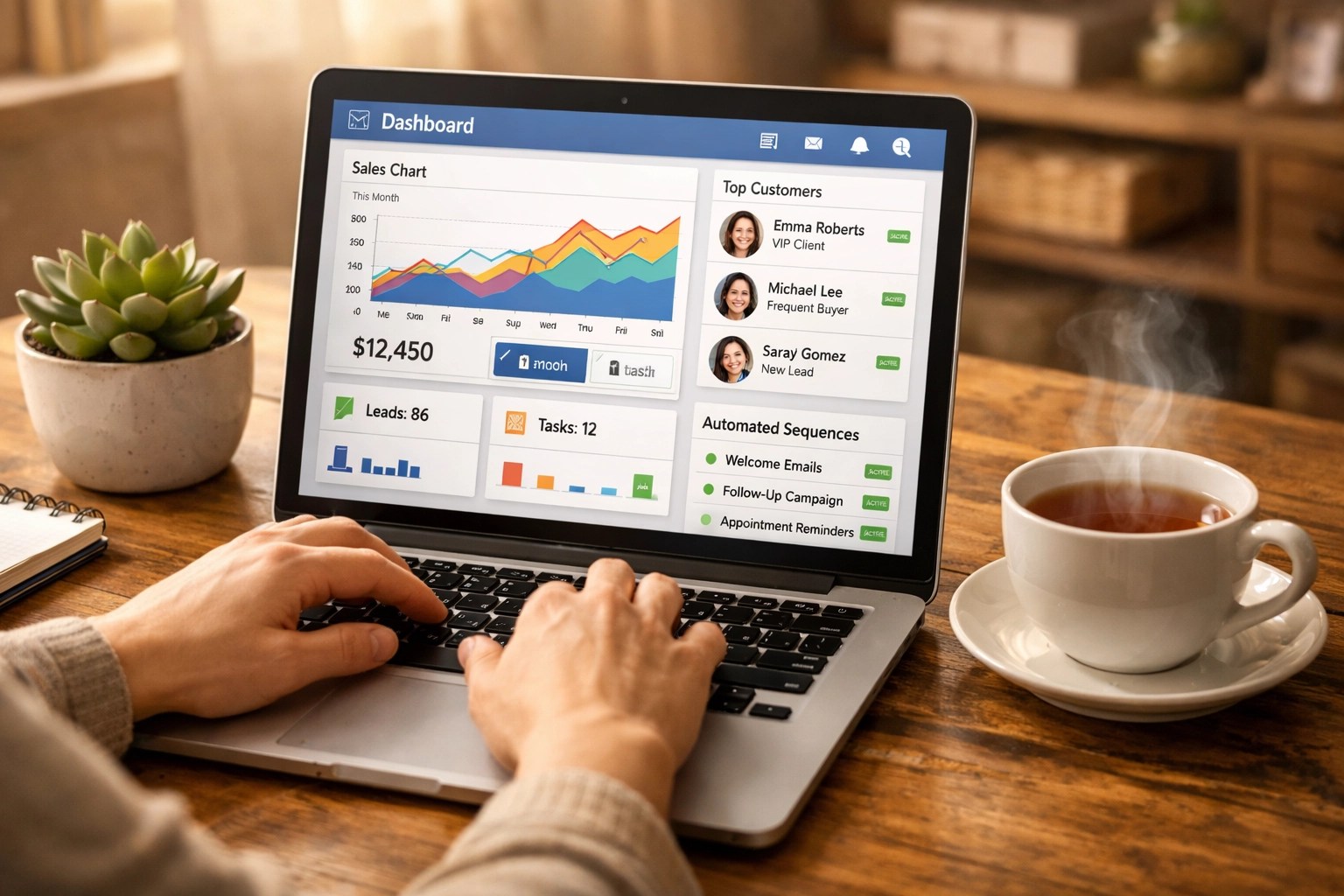 Small business owner using CRM automation software for customer management