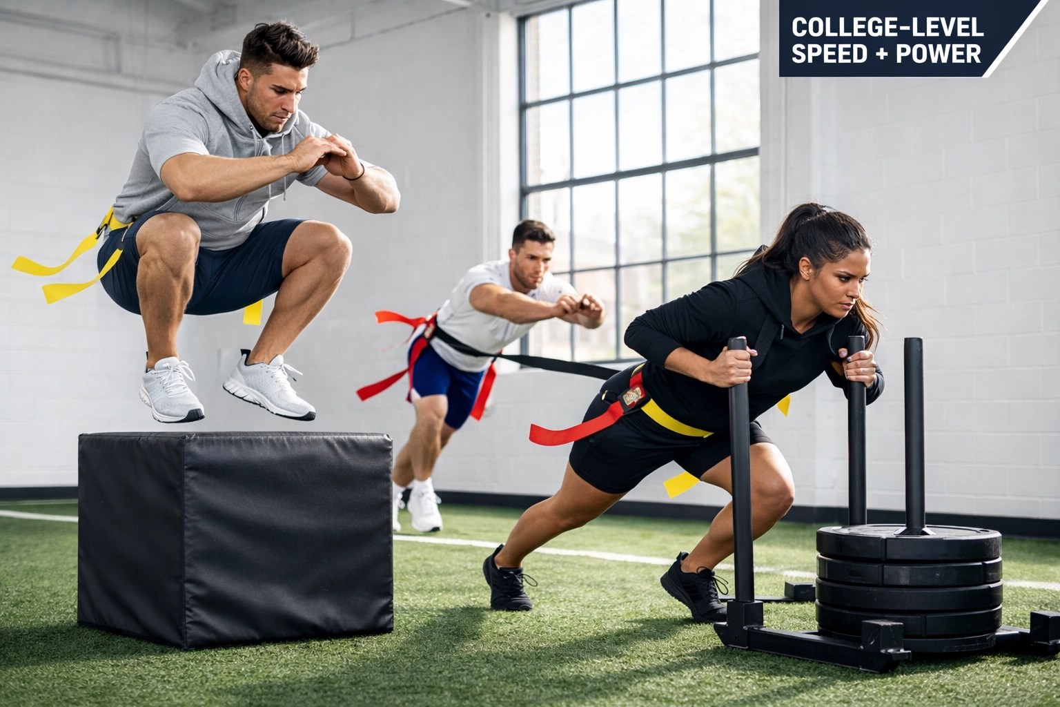 Male and female athletes performing elite strength training drills at a Metro Atlanta turf facility.