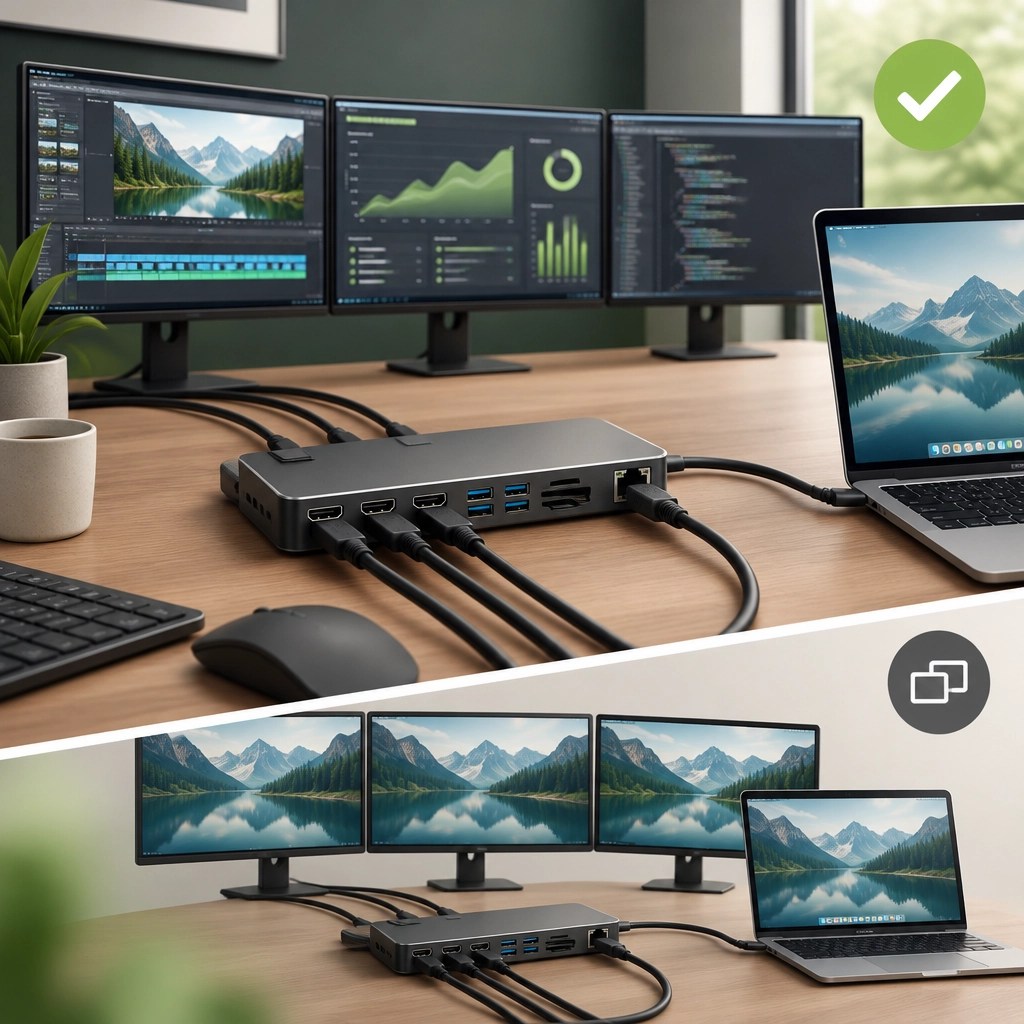 A close-up illustration of a generic dock with monitor, USB, card-reader, and Ethernet connections, alongside a mirrored-display compatibility reminder