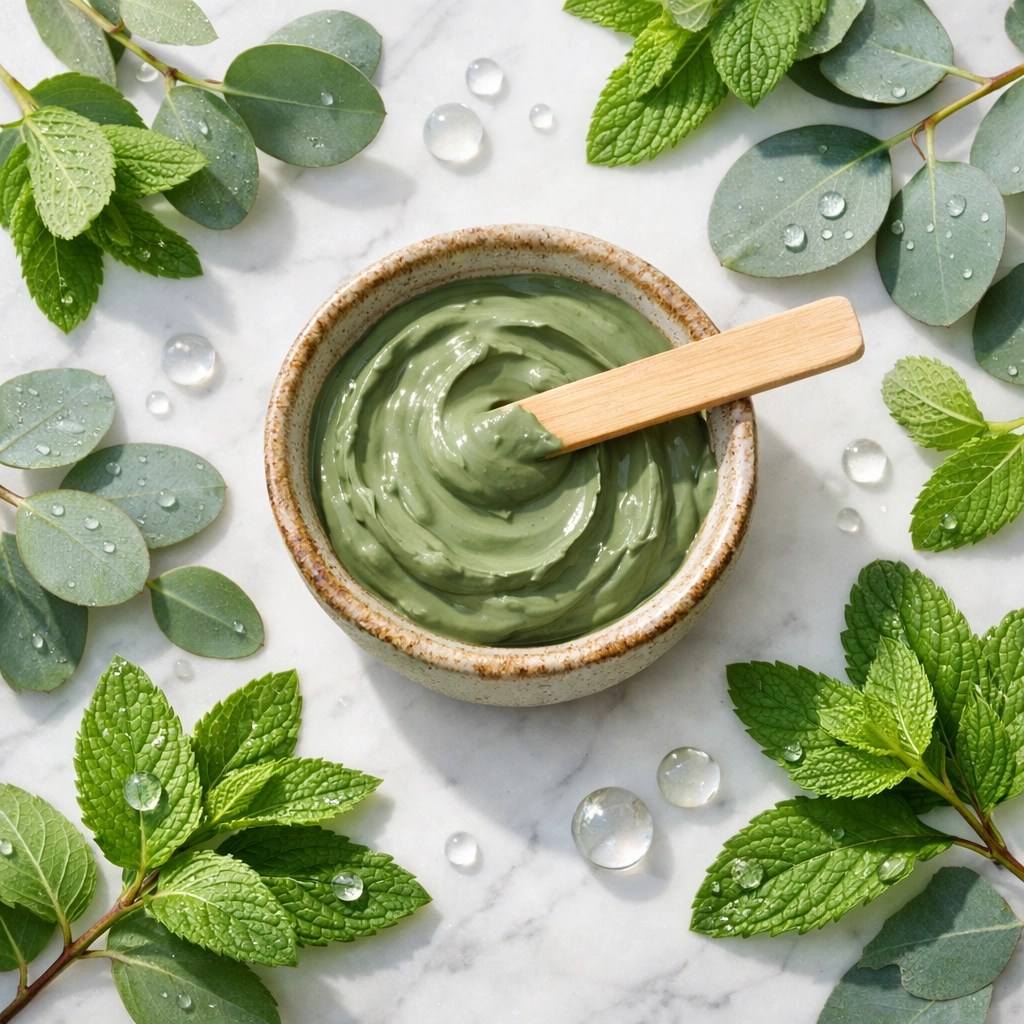 French green clay mask ingredients with fresh spearmint and eucalyptus leaves for sinus relief.