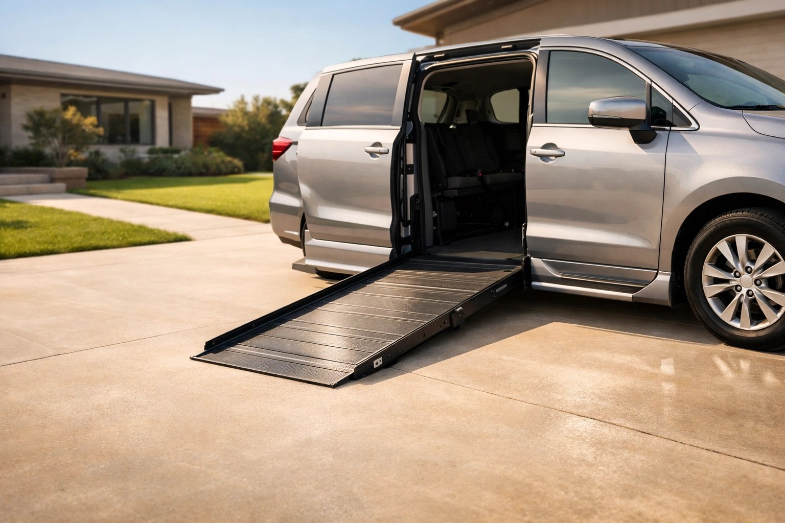 A modern wheelchair-accessible van with its ramp lowered in a driveway, ready for patient transport.