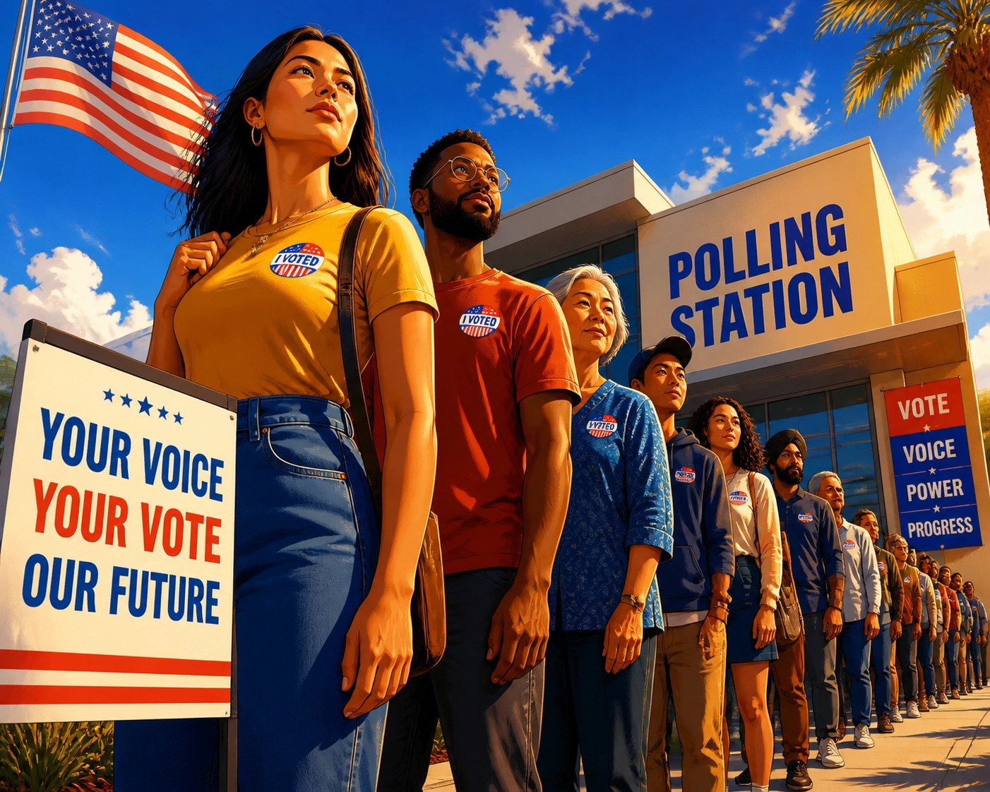 Empowered community members standing in line at a polling station to vote.