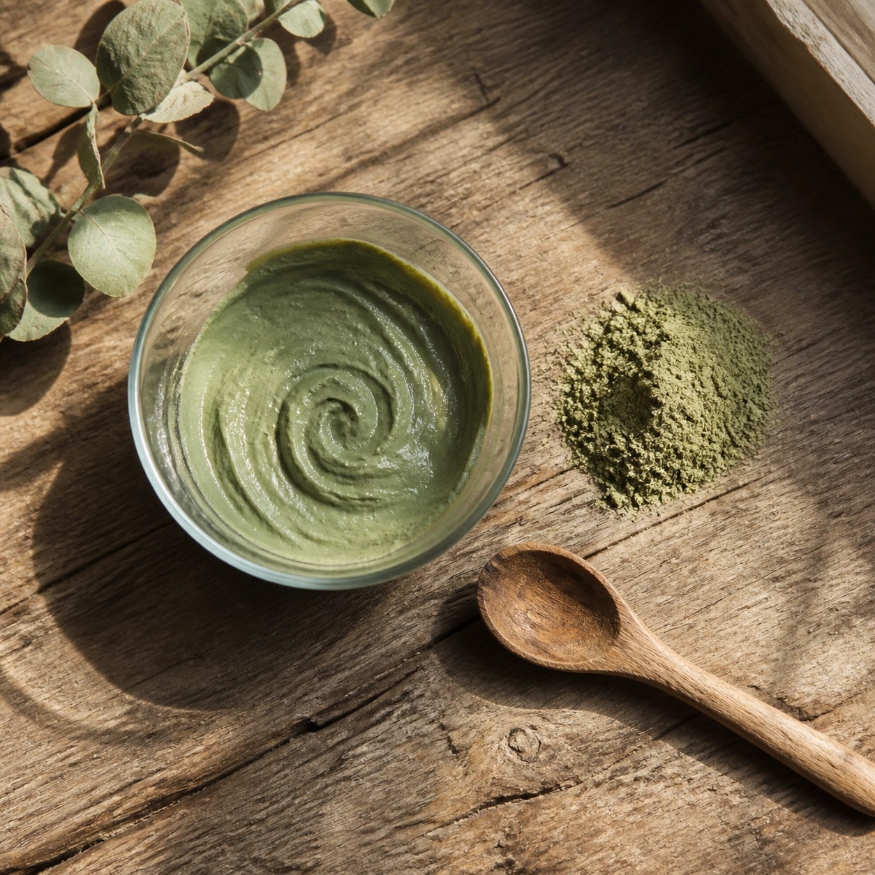 A wooden spoon and bowl showing the preparation of a natural green clay detox mask from fine powder.