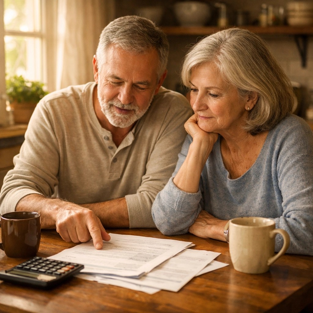 Senior couple reviewing retirement savings options at kitchen table with financial documents