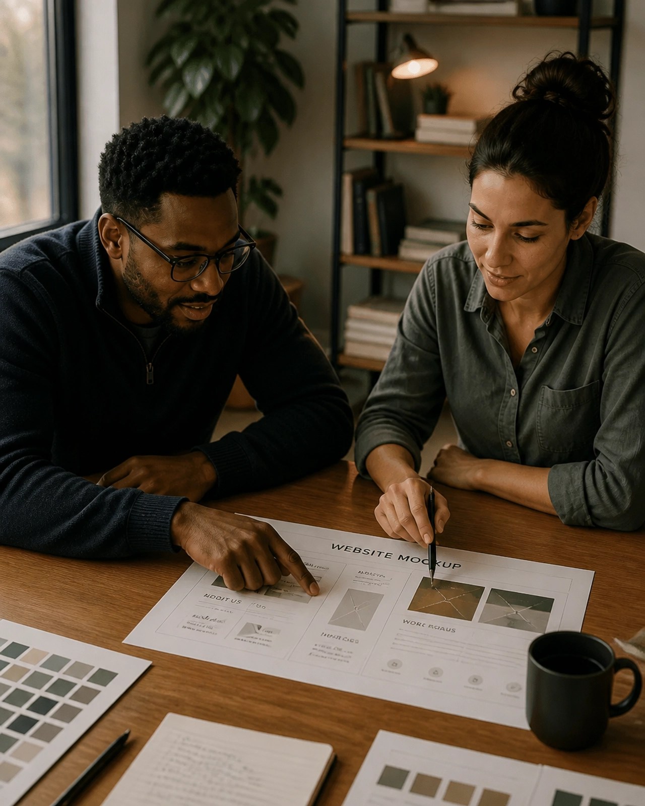 A small team of two people in a warm office environment reviewing a printed website mockup. service page optimization