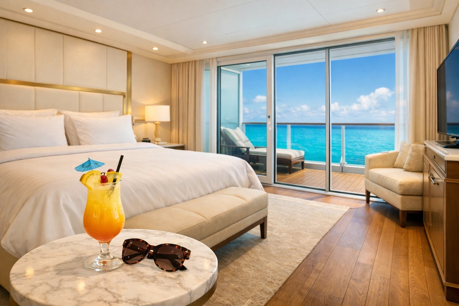 Spacious luxury cruise suite with private balcony and turquoise ocean view for 2026 Caribbean travel.