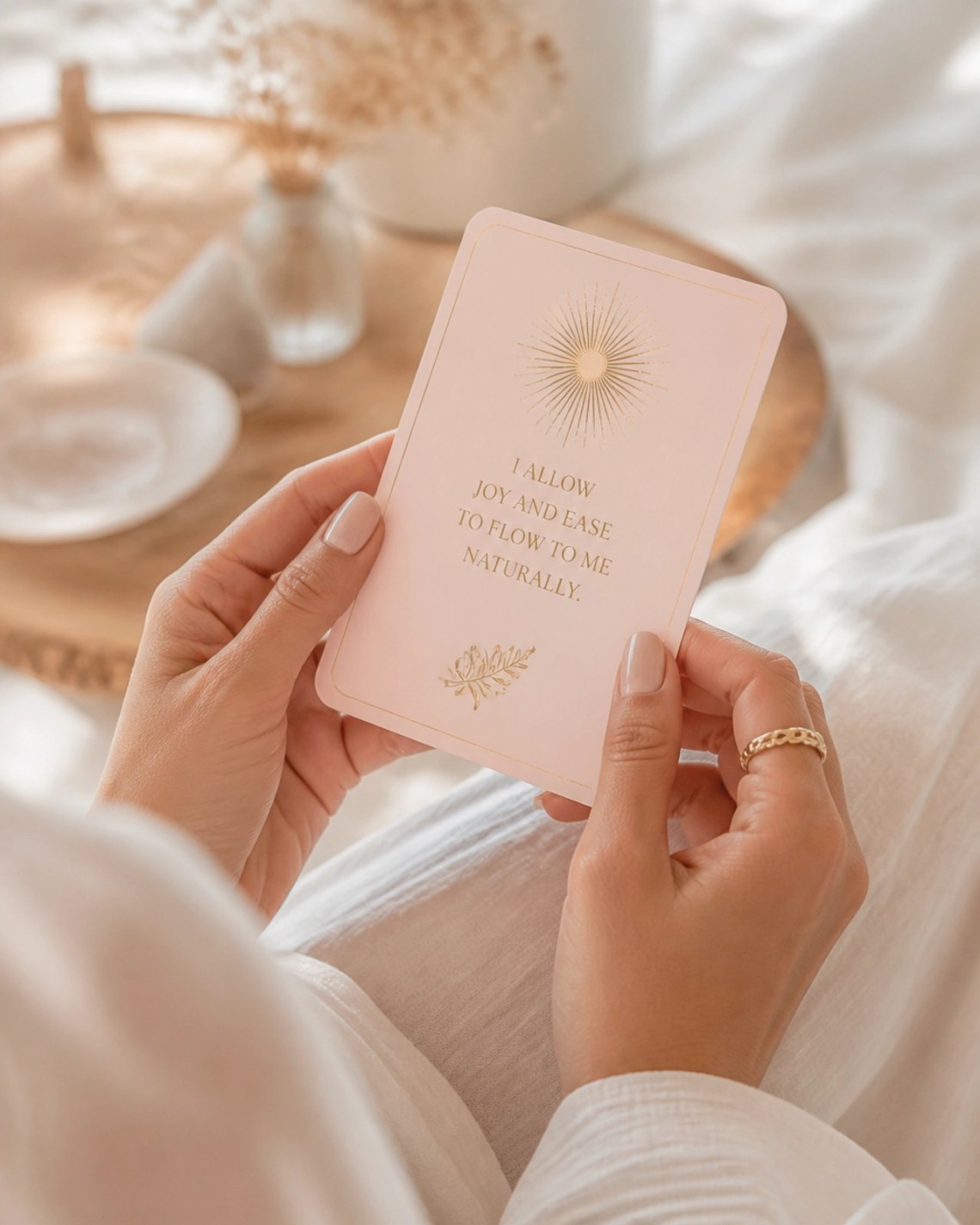 A close-up of a woman's hands gently holding a Petal Pink affirmation card, symbolizing a peaceful spiritual reset.