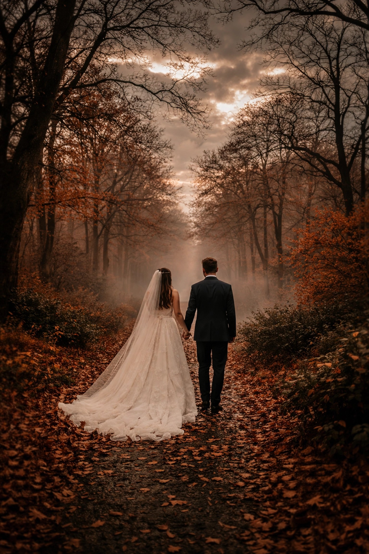 Bride and groom walking through misty Kent woodland with golden leaves, ideal for autumn wedding photos