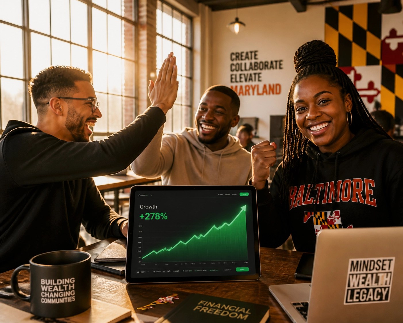 Diverse business owners in Maryland celebrating a successful financial transformation and growth.