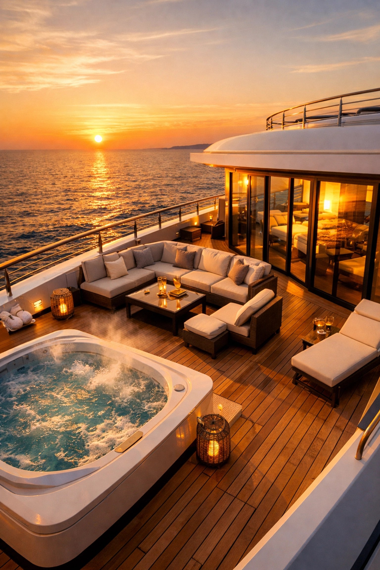 Luxury yacht suite terrace with private jacuzzi overlooking the ocean at sunset
