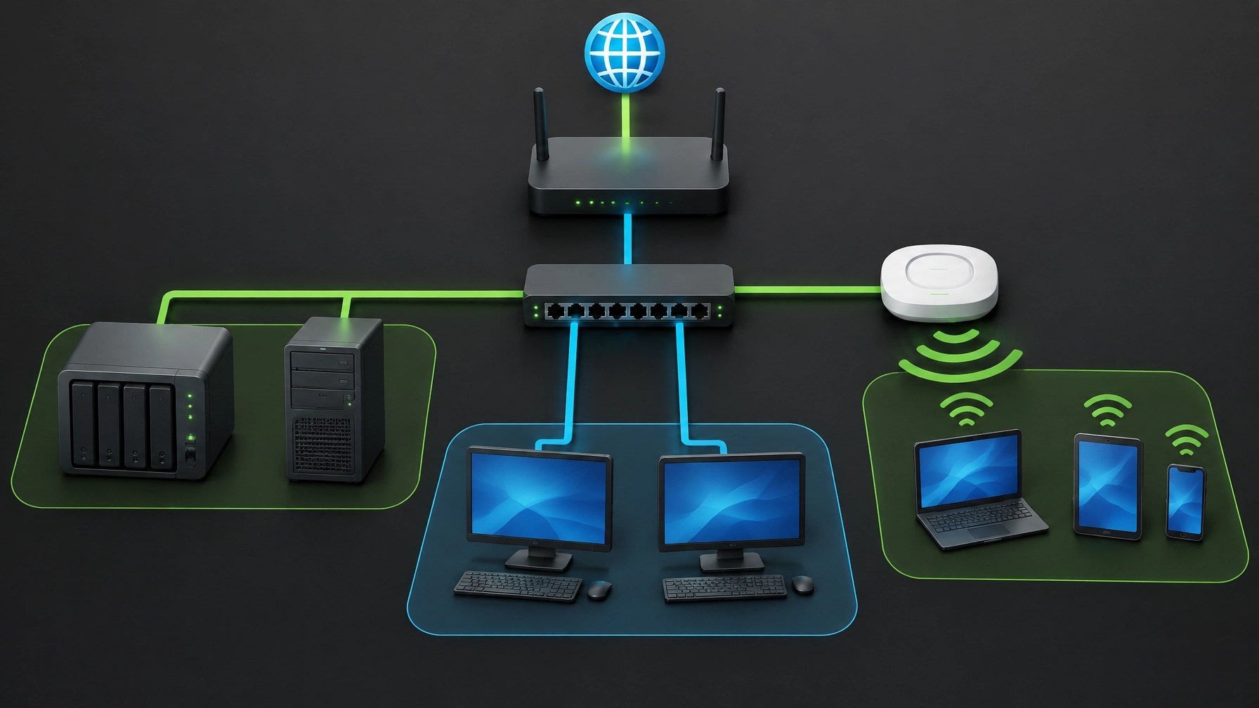 Illustrated small-office network topology connecting a router, switch, NAS, server, Wi-Fi access point and computers