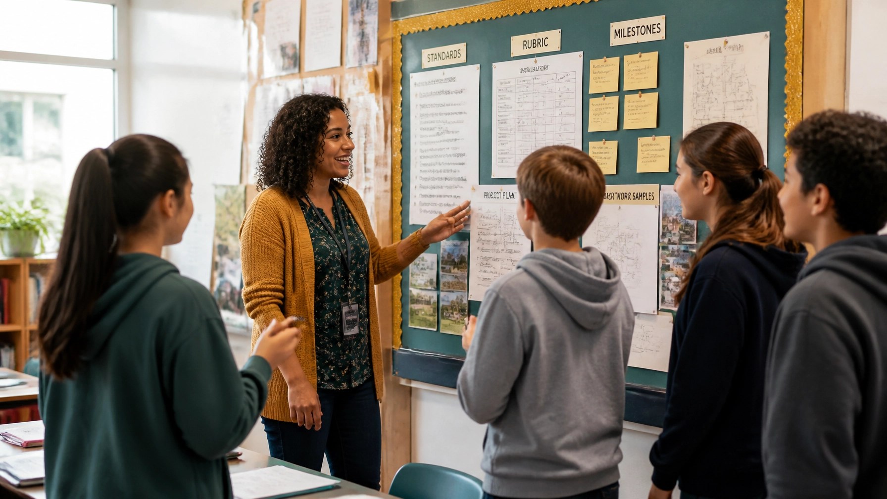 Teacher and students reviewing standards, milestones, and project evidence together in a real classroom