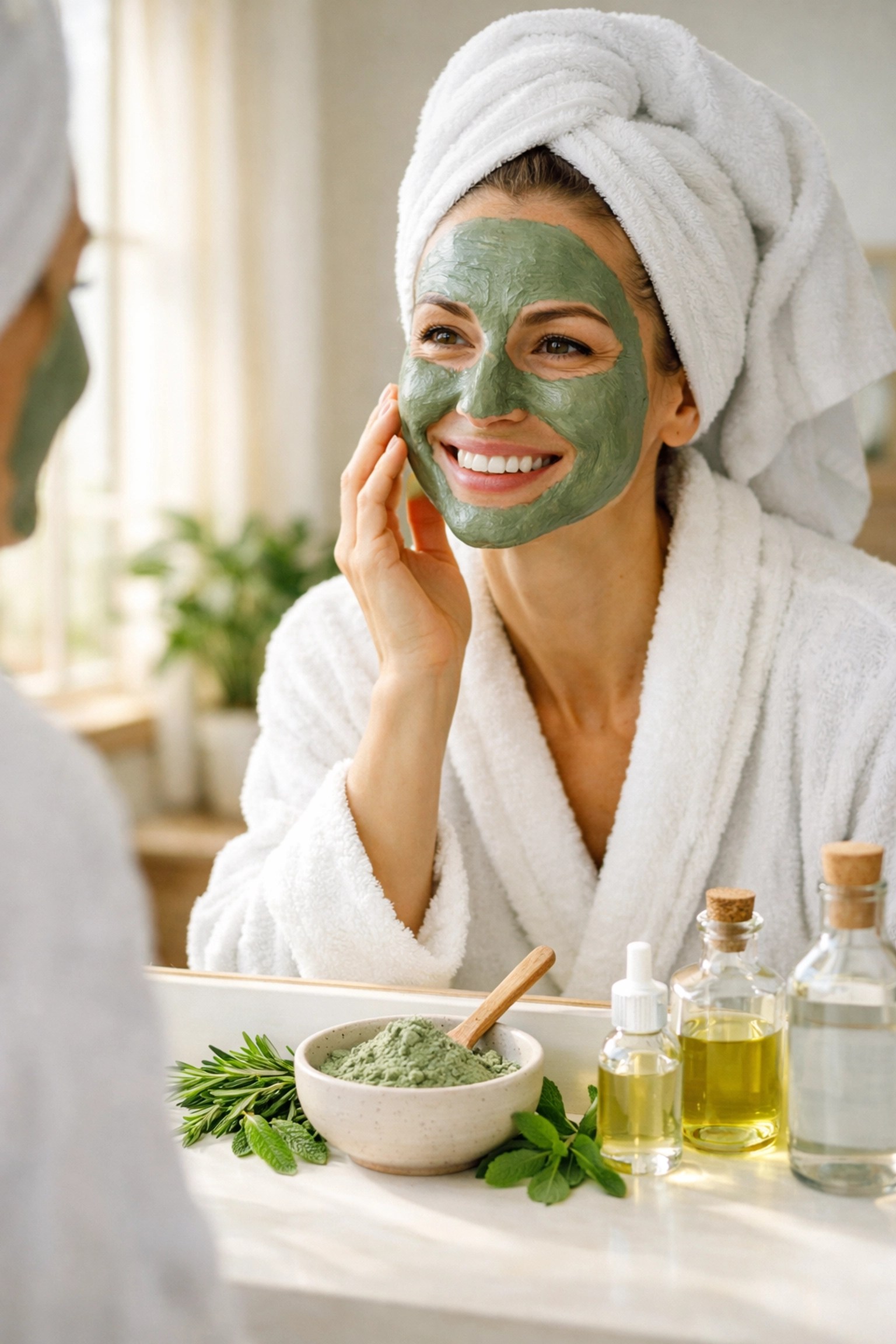 Woman applying French Green Clay mask in bathroom as part of natural skincare routine