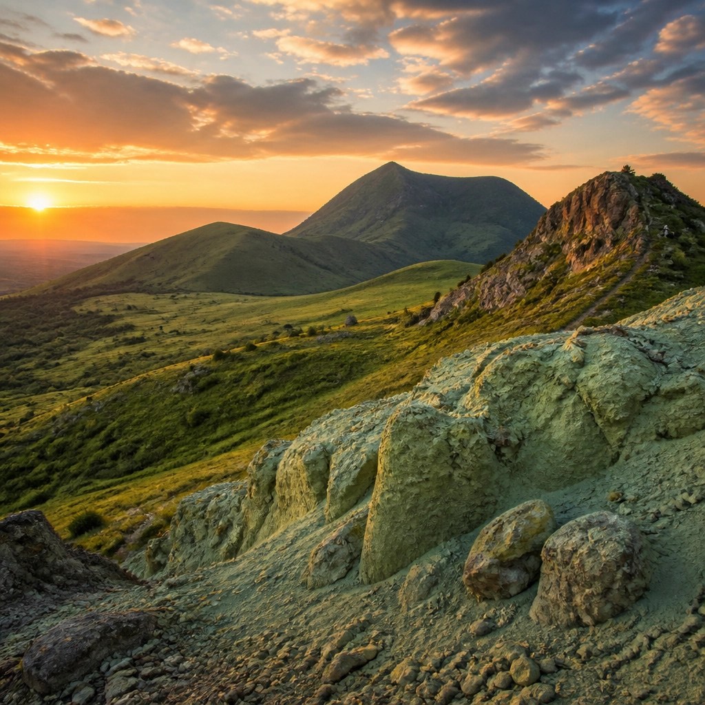 A breathtaking landscape of the French Auvergne mountains, showing the natural volcanic terrain where high-quality green clay is sourced.