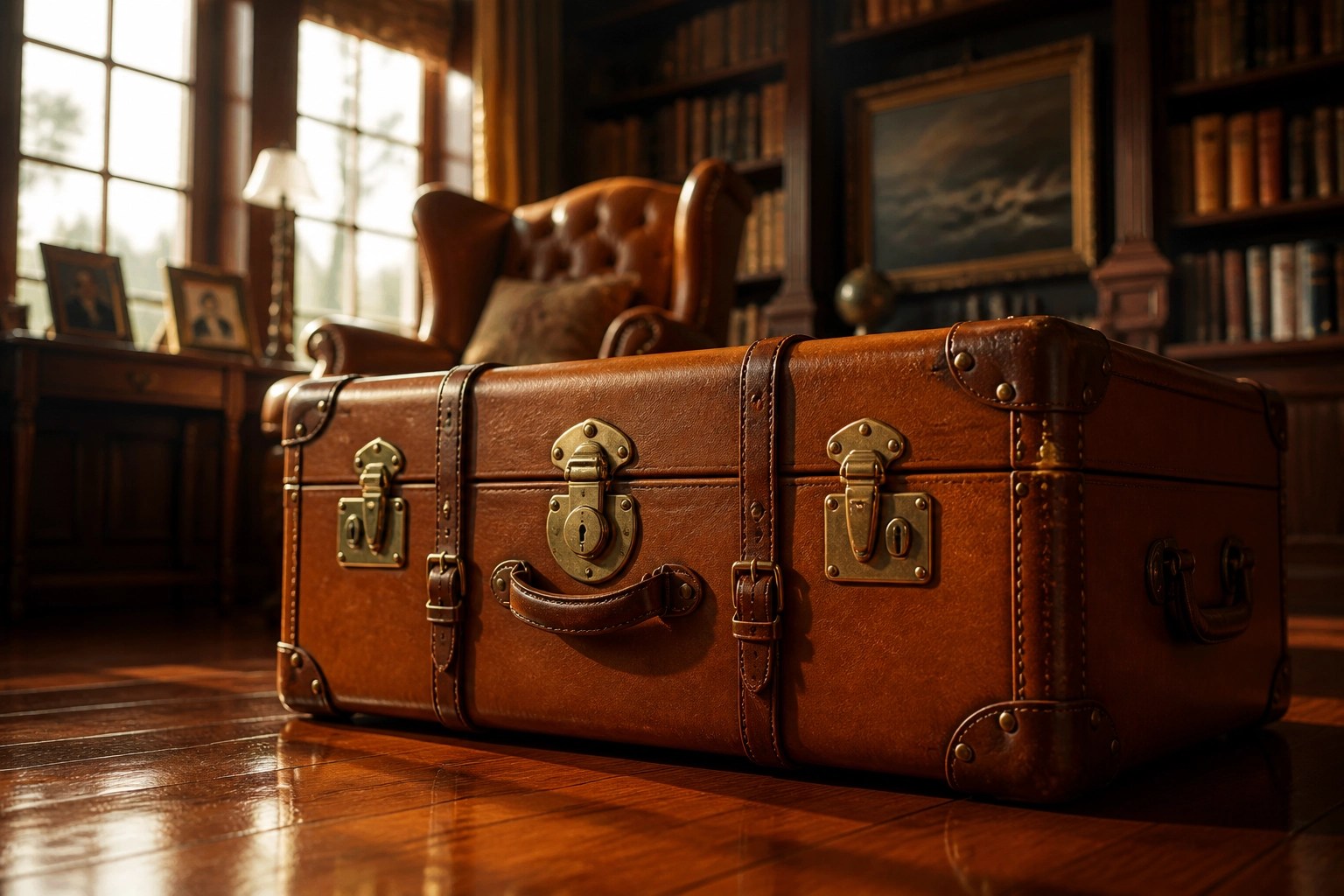 Secure leather trunk in a private home library symbolizing a protected revocable living trust.