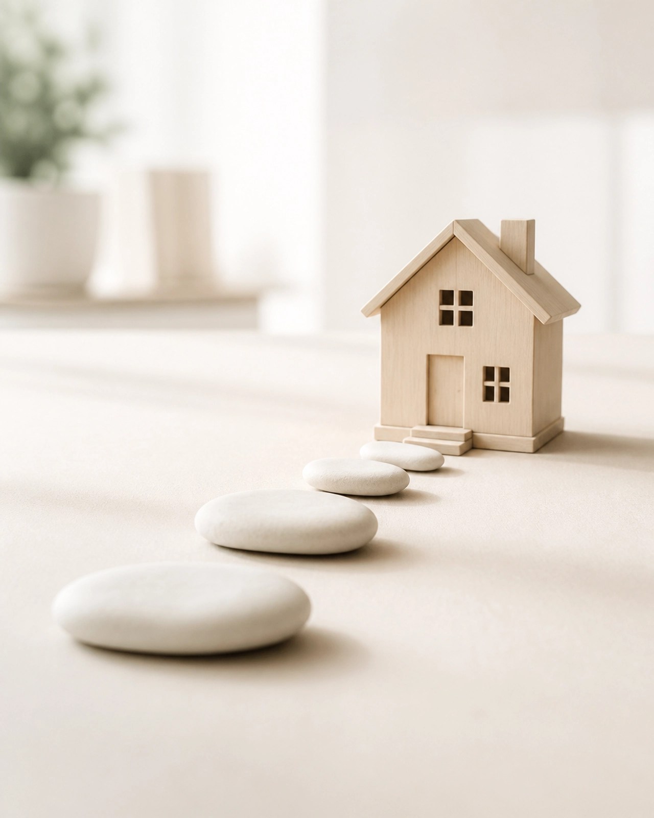 Minimalist conceptual image of a small wooden model house resting on a clean, light beige surface with white stones representing a path.