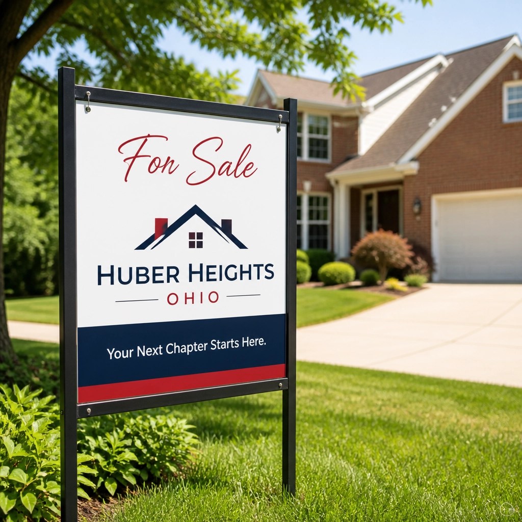 A 'For Sale' sign in a lush yard in Huber Heights, illustrating the active and opportunistic real estate market in the region.
