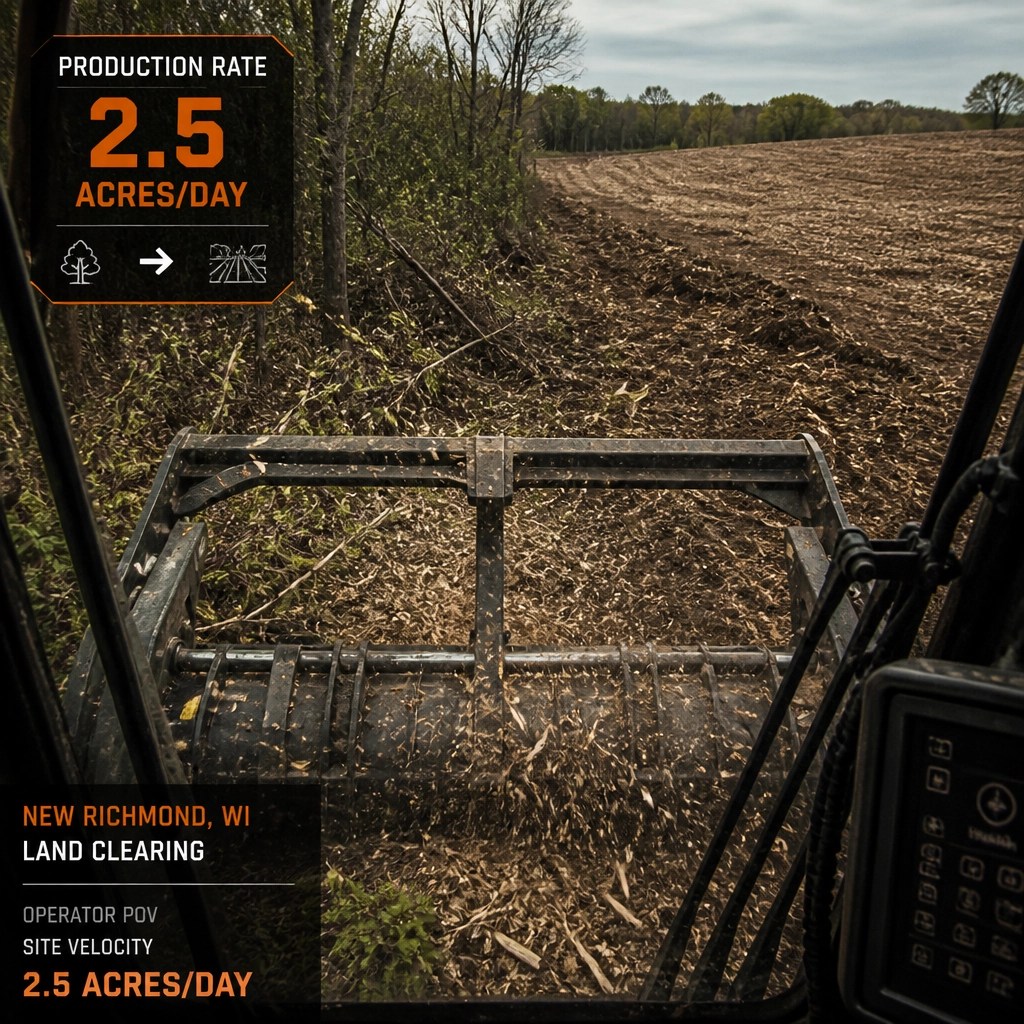 Kinetic Industrial Realism: First-person operator perspective clearing a field with production rate overlays