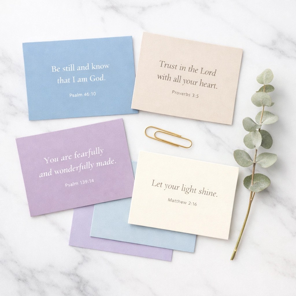 Pastel-colored scripture cards and prayer prompts for biblical meditation on a marble surface.