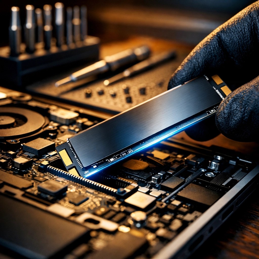 Professional technician installing a new SSD into an open laptop to fix a slow computer.