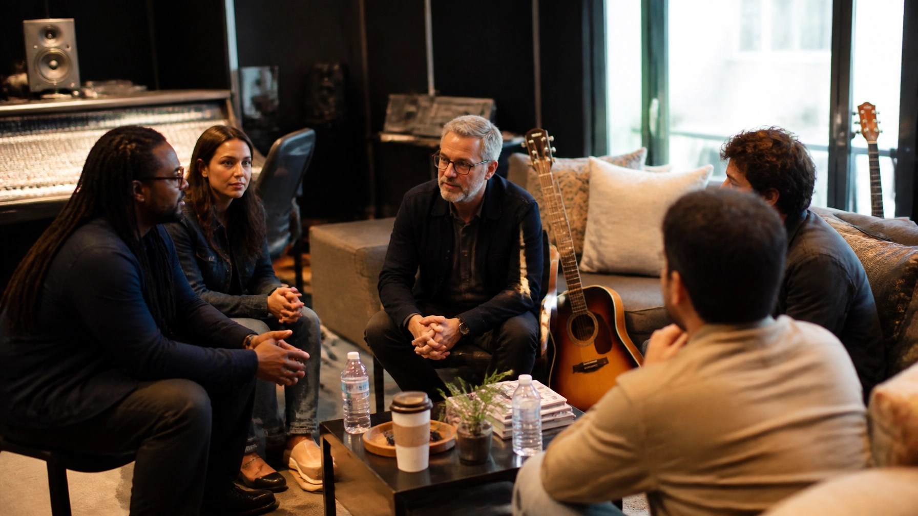 A group of musicians and industry pros in a workshop setting