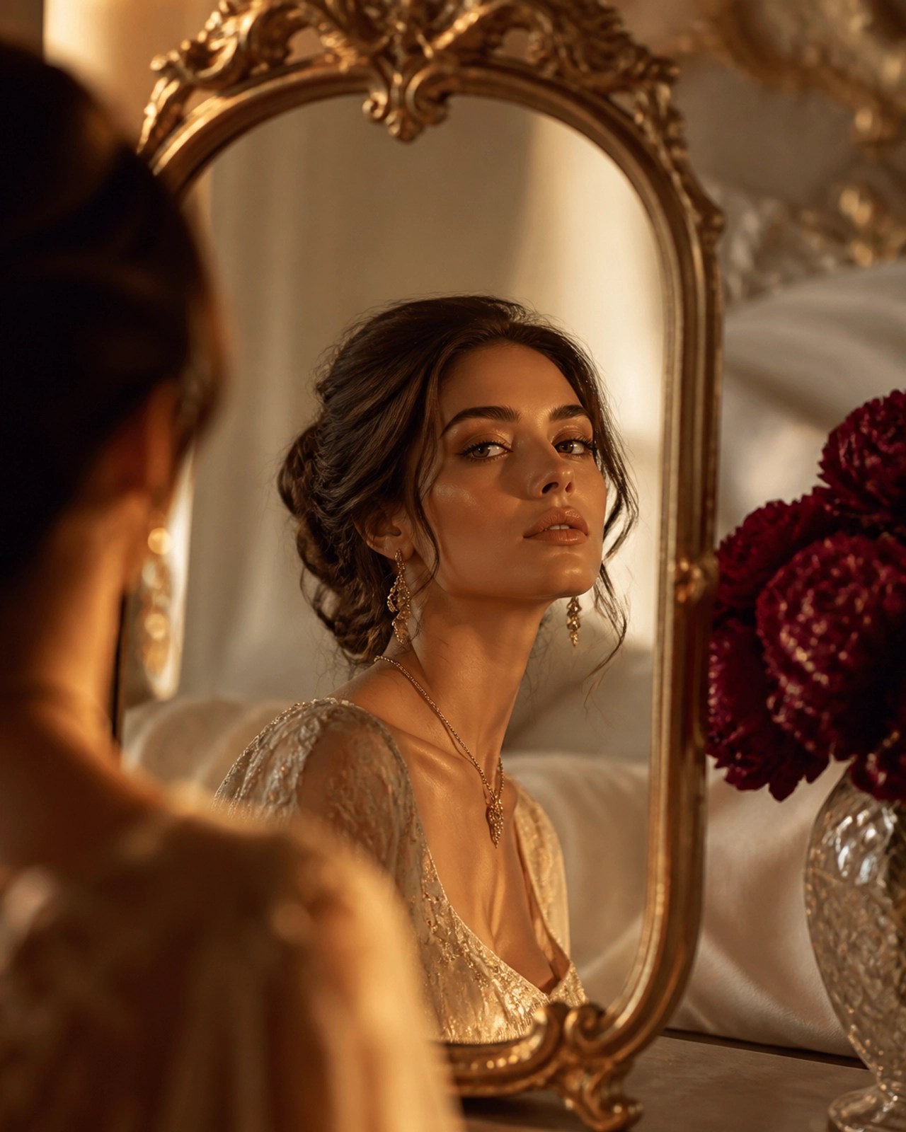 A sophisticated woman gazing at her reflection in an ornate gold-framed mirror, affirming her self-worth and feminine magnetism.