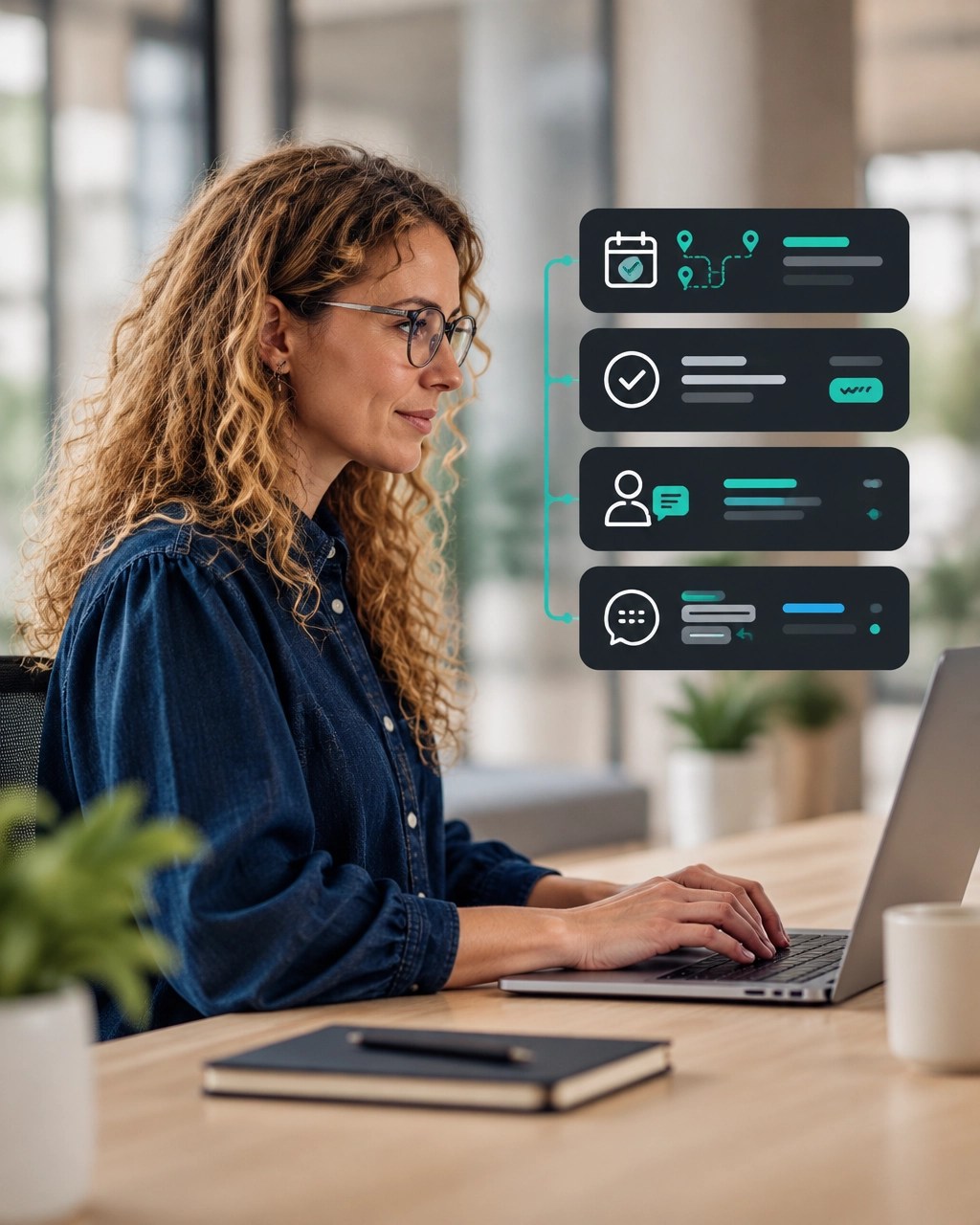 A solitary professional overseeing abstract booking, appointment and social-reply workflows through a calm operational interface