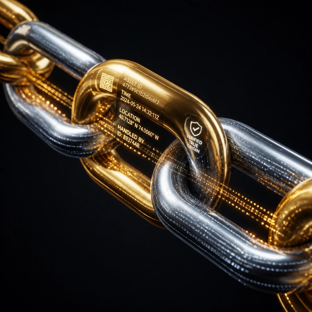 A glowing 3D chain link made of gold and silver with digital data points pulsing through it, representing provenance