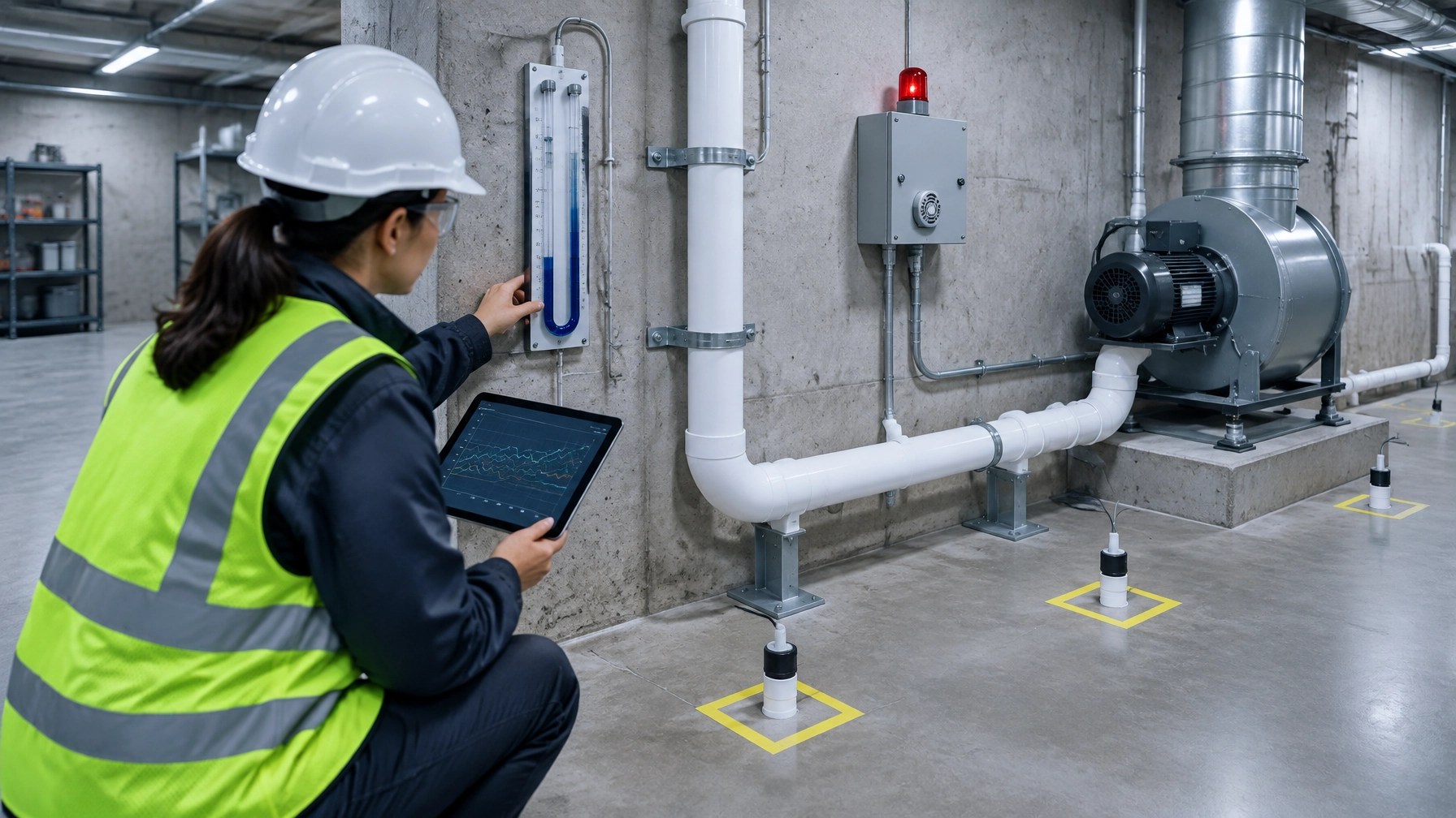 Field engineer inspecting an operating SSD system, U-tube manometer, alarm, PVC piping, and permanent monitoring locations in a commercial basement