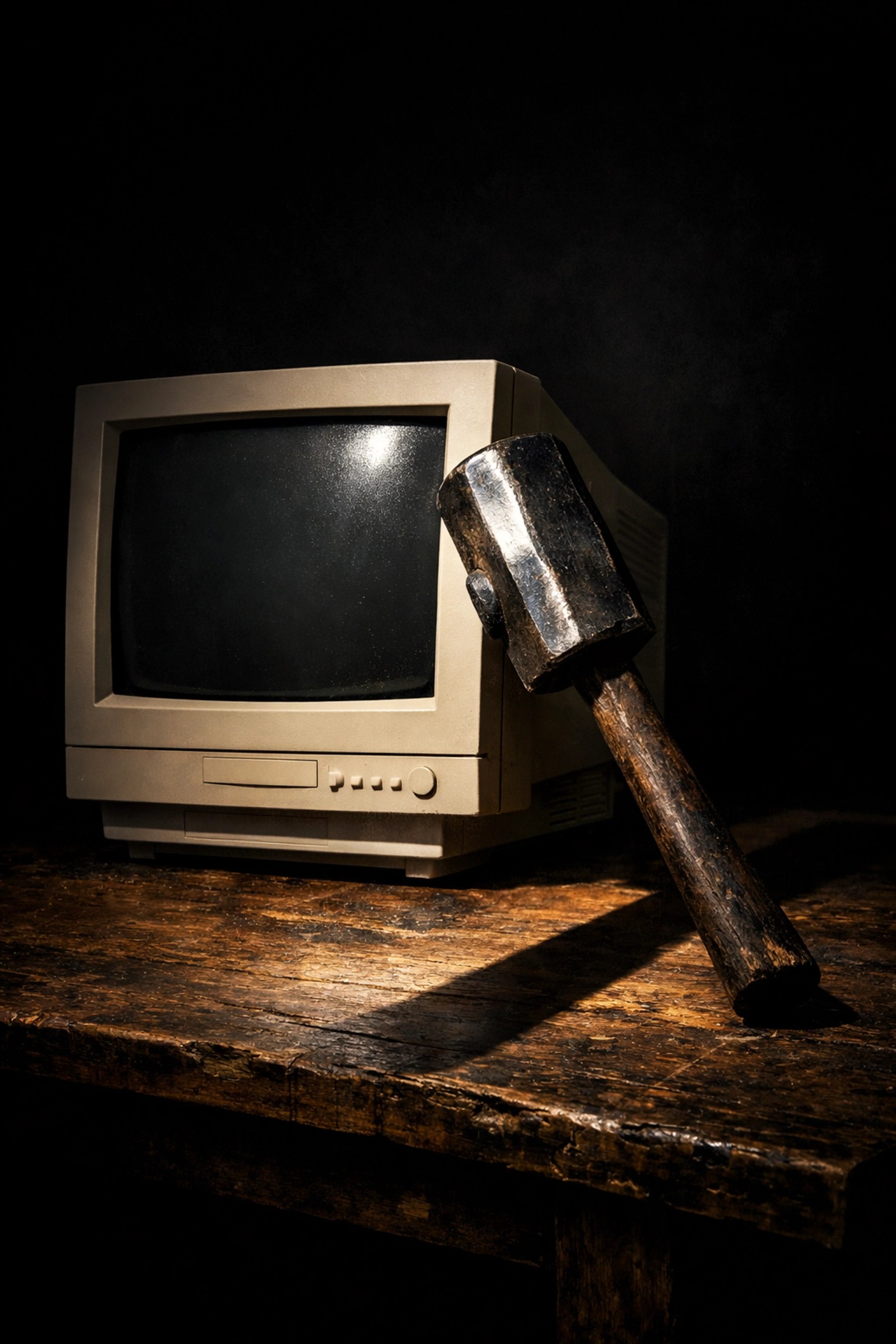 A vintage computer monitor and sledgehammer representing the end of Netscape and the Browser Wars.