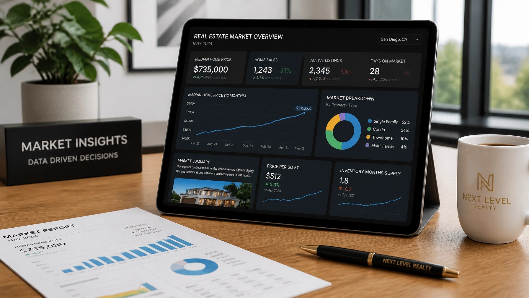 Real estate data analysis chart on a clean wooden desk