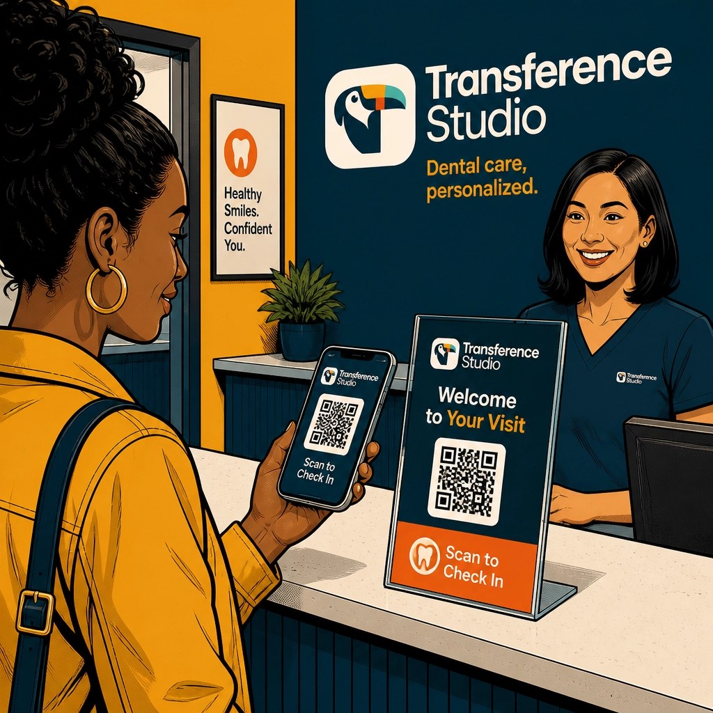 Patient at a dental office checkout desk scanning a QR code on a printed card to leave a Google review, illustrating the Peak-End moment review collection strategy for healthcare practices.