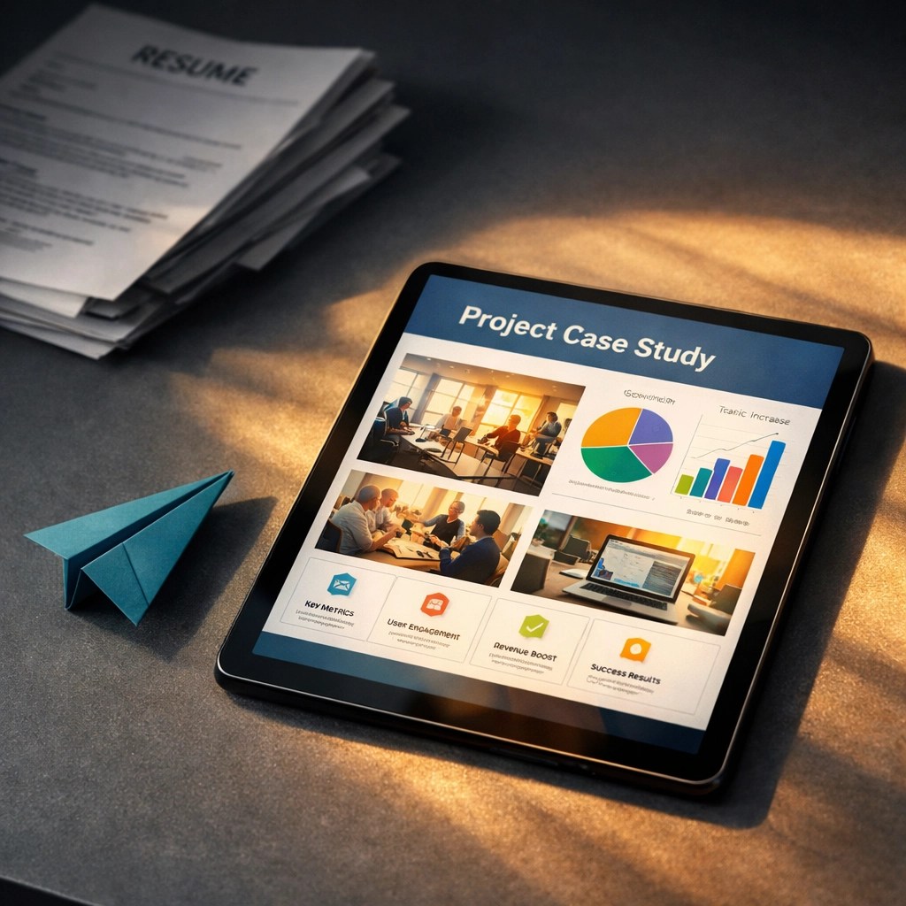 Digital tablet showing a visual project case study next to old resumes, highlighting a proof-of-work portfolio.