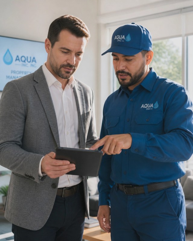 A property manager and an Aqua Inc. technician reviewing maintenance data on a tablet in a modern Orlando office.