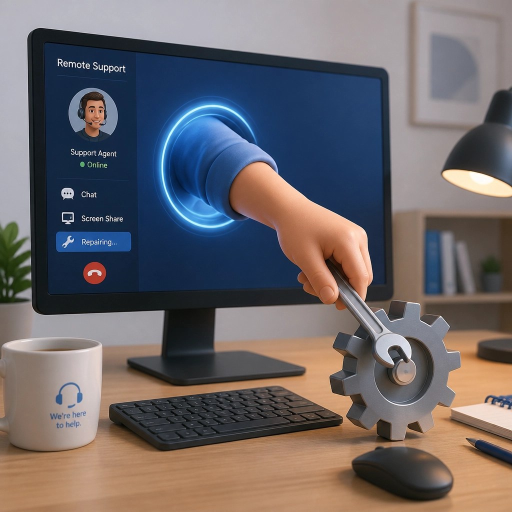 Remote support icon with a hand reaching through a screen