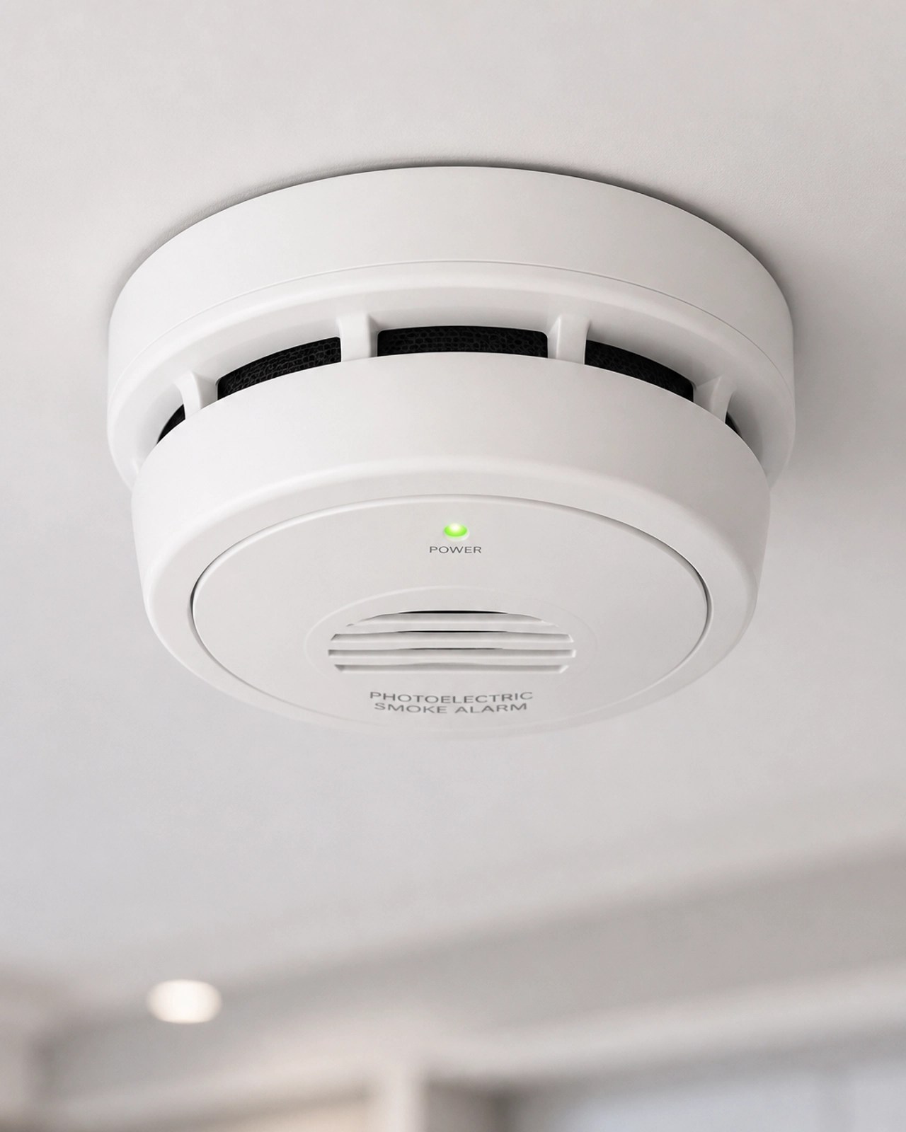 Close-up of a modern photoelectric smoke alarm highlighting sleek design and compliance
