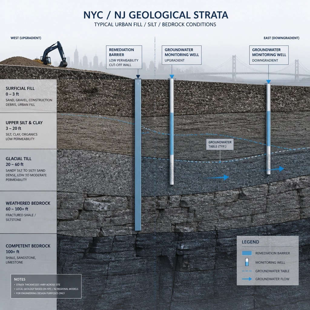 Technical soil strata diagram showing NYC/NJ geological layers and remediation barriers