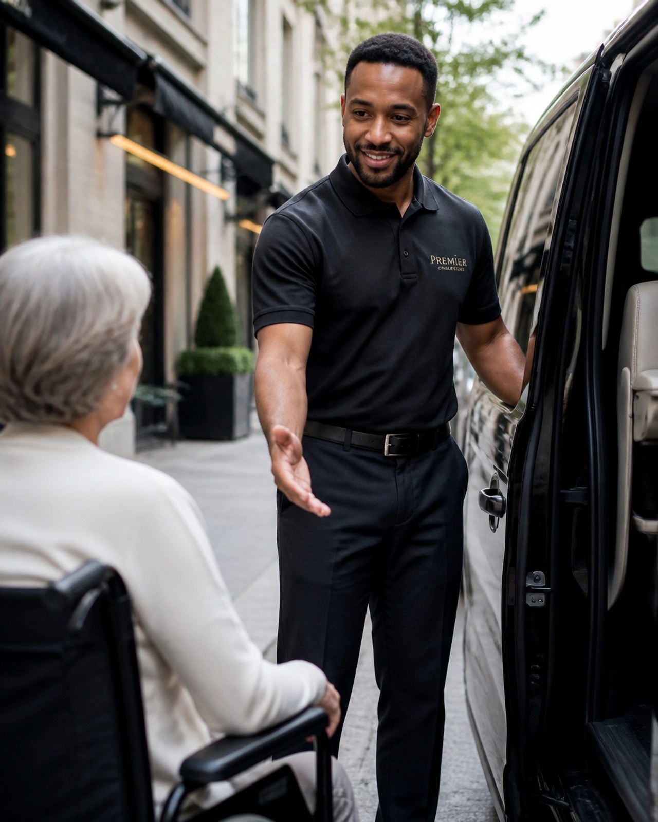 Professional chauffeur helping a patient into a van