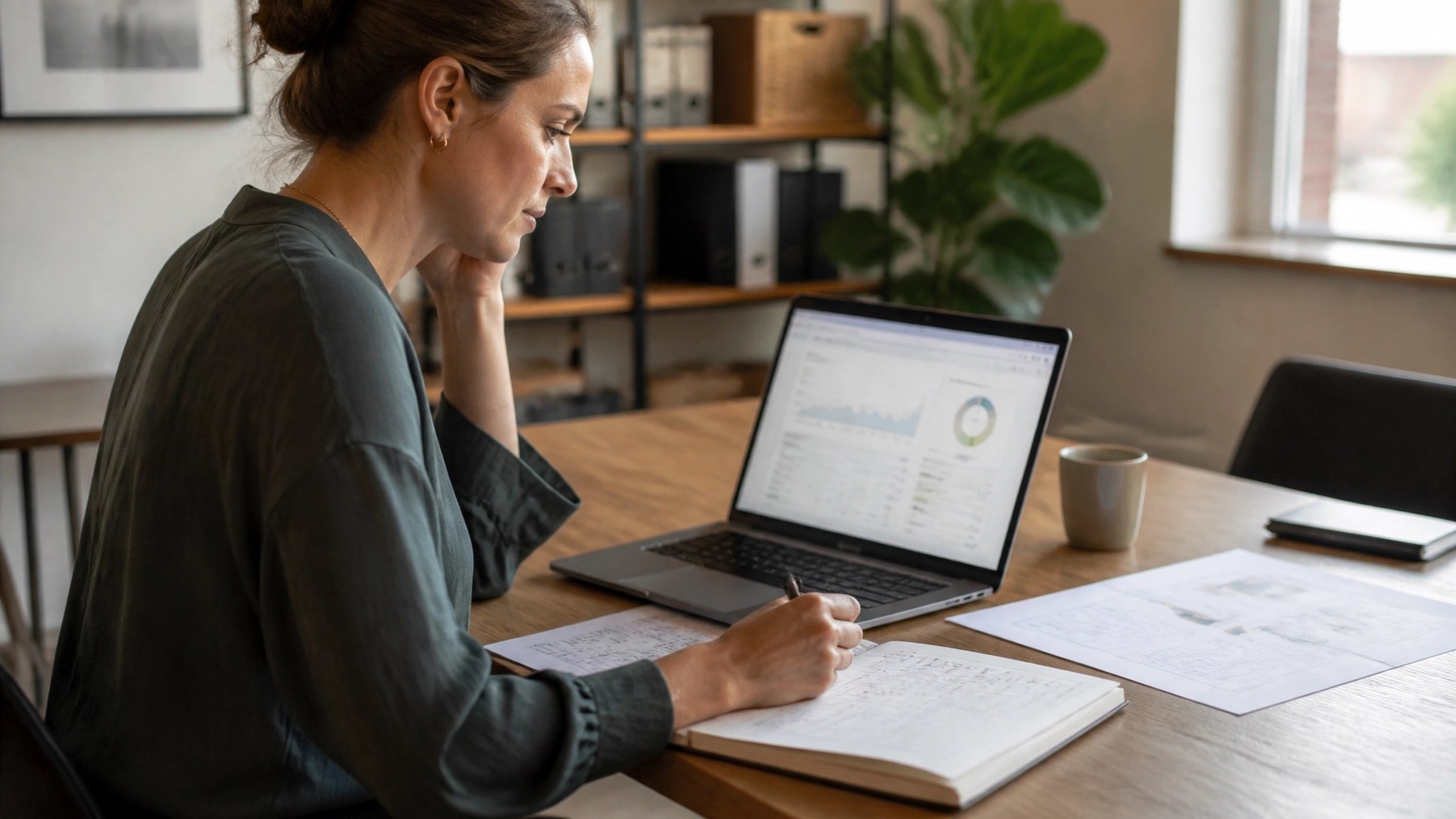 Professional reviewing a marketing dashboard and content notes, representing Answer Engine Optimization in action