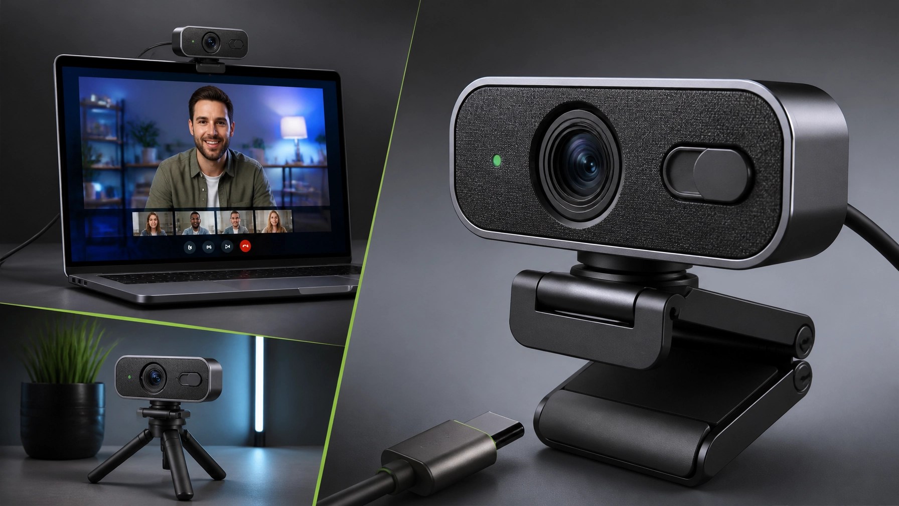 Premium 4K webcam beside a laptop, USB-C cable, privacy shutter, and desk product in a creator studio