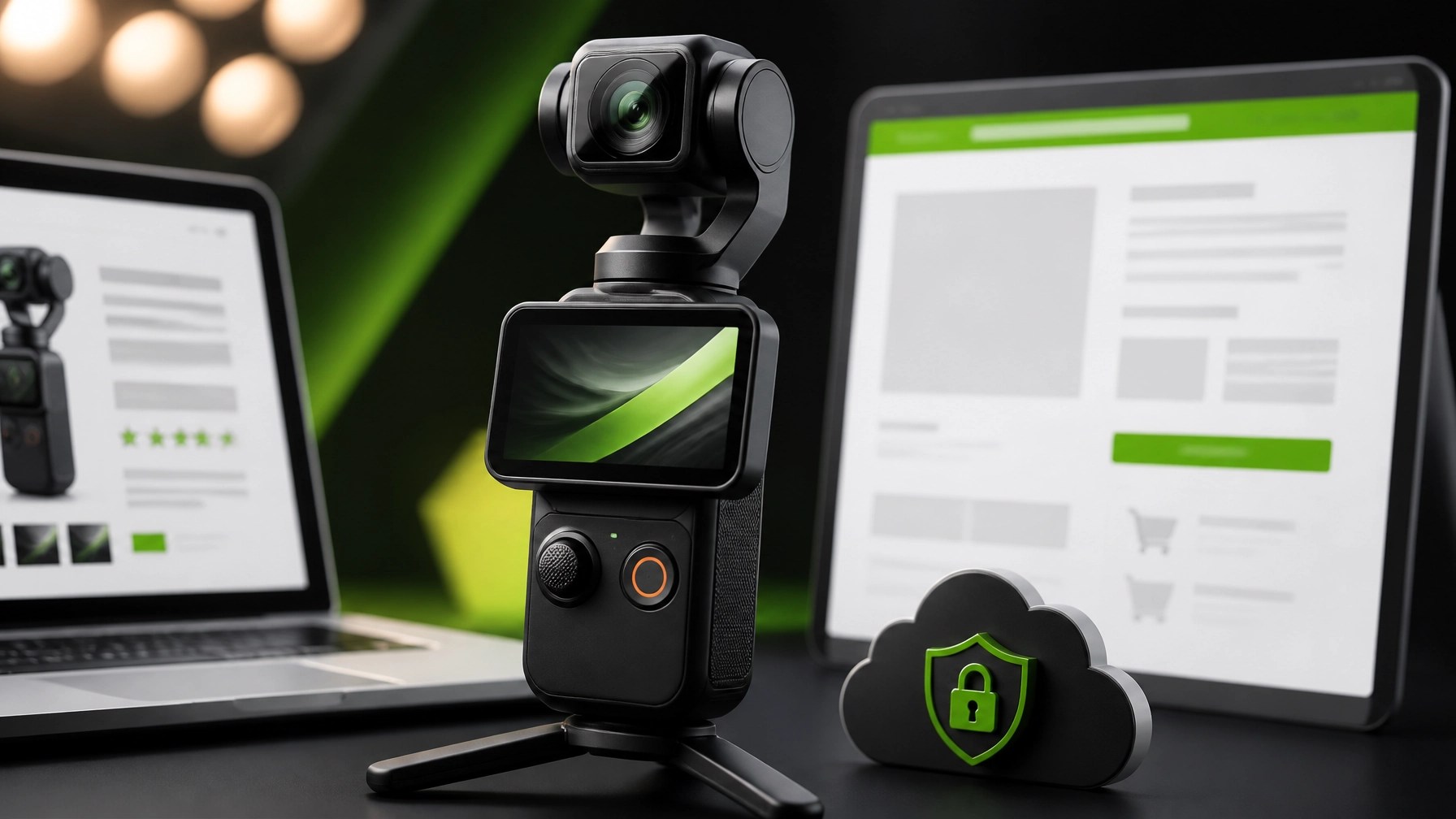 DJI Osmo Pocket 3 style creator camera with remote IT and product review workspace