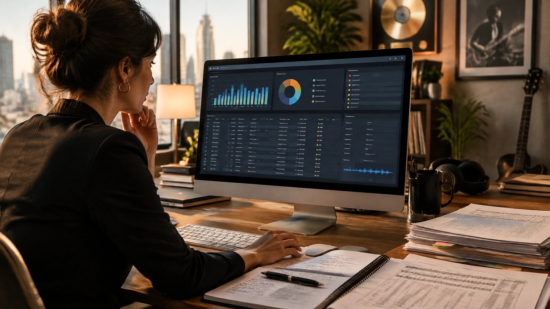 Music rights analyst reviewing royalty data, catalog records, and unmatched or unclaimed royalty patterns