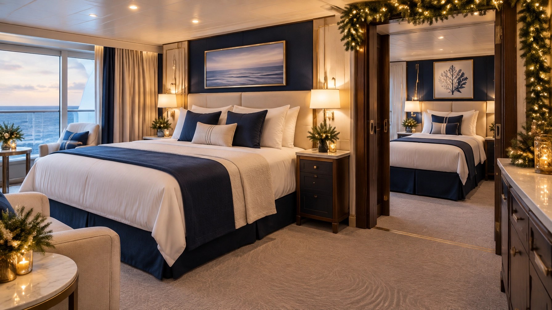 Elegant family cruise stateroom with connecting door, holiday accents, and separate sleeping areas